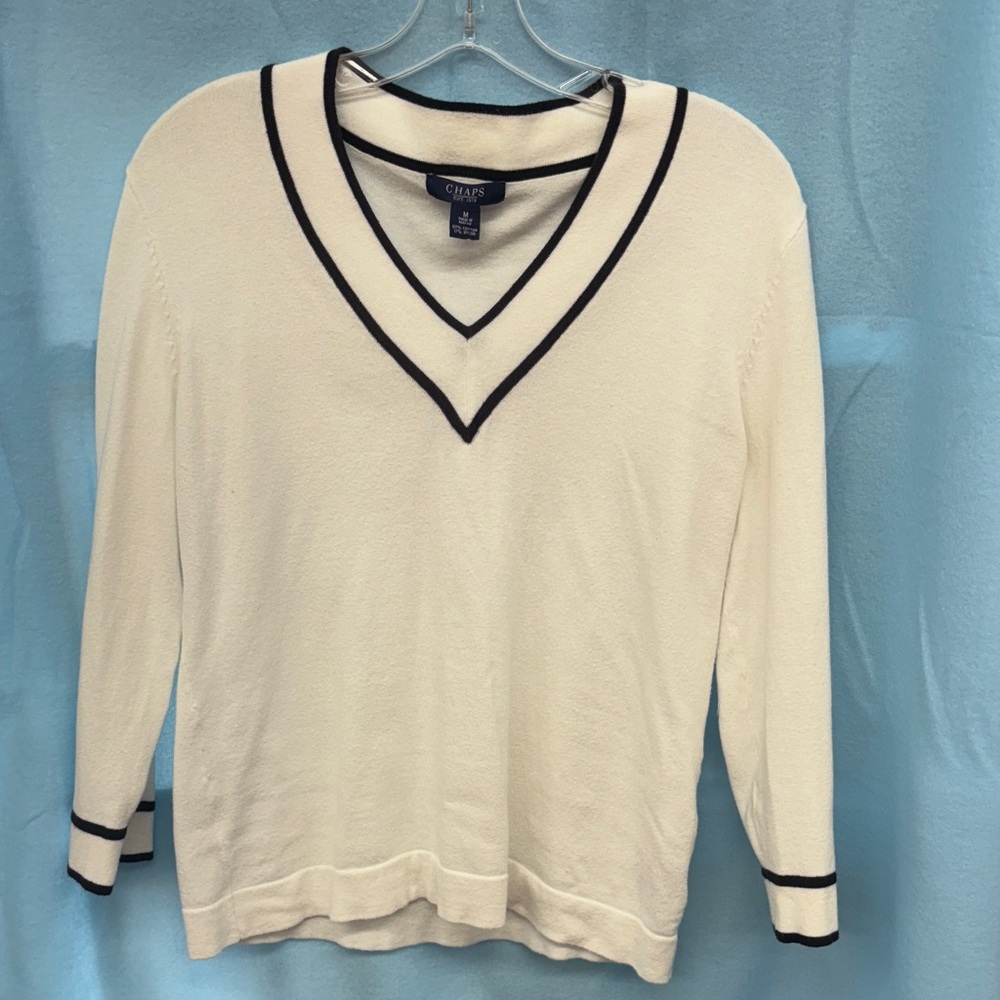 Chaps V-Neck Sweater in Cream with Black Accents
